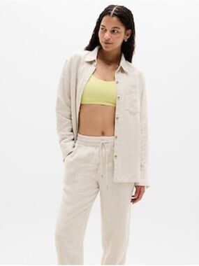 Athleta Retreat Linen Top Undyed Tan Khaki Hemp Long Sleeve Button Down Shirt XS